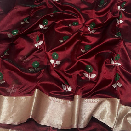 Maroon Chanderi Handloom Pure Silk Flower Design Saree - Luxurion World