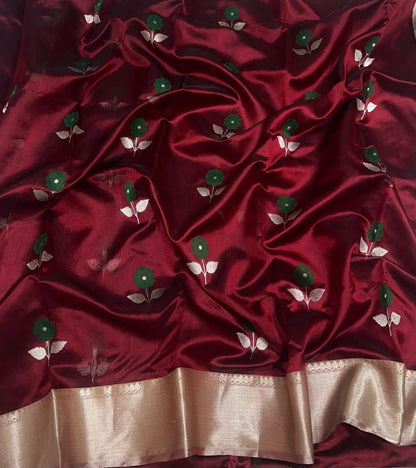 Maroon Chanderi Handloom Pure Silk Flower Design Saree - Luxurion World
