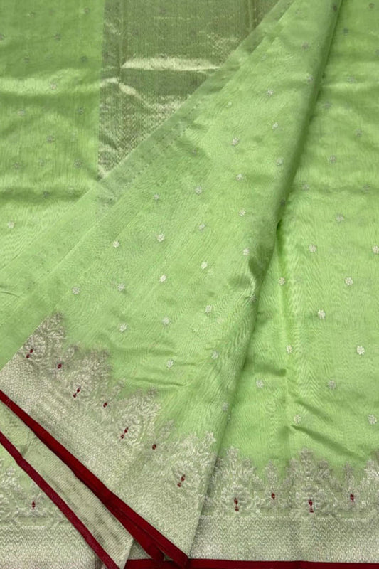 Green Chanderi Handloom Pure Silk Small Booti Design Saree - Luxurion World