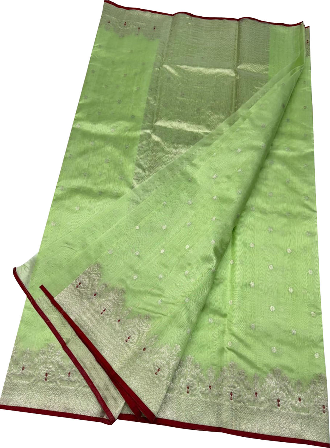 Green Chanderi Handloom Pure Silk Small Booti Design Saree - Luxurion World
