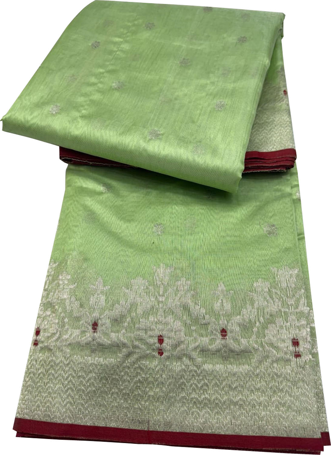 Green Chanderi Handloom Pure Silk Small Booti Design Saree - Luxurion World