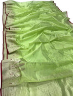 Green Chanderi Handloom Pure Silk Small Booti Design Saree - Luxurion World