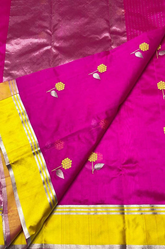 Pink Chanderi Handloom Pure Silk Flower Design Saree - Luxurion World