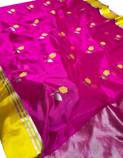 Pink Chanderi Handloom Pure Silk Flower Design Saree - Luxurion World