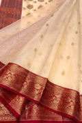 Off White Chanderi Handloom Katan Silk Booti Design Saree - Luxurion World