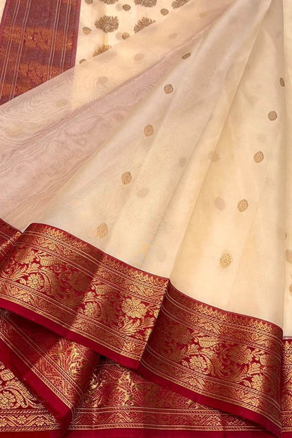 Off White Chanderi Handloom Katan Silk Booti Design Saree - Luxurion World