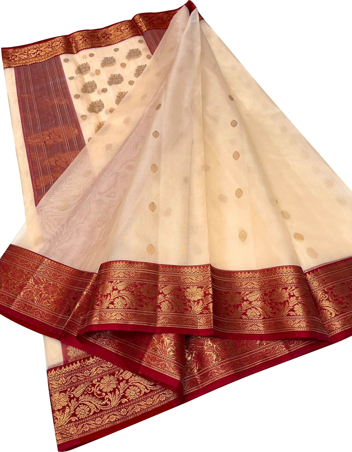 Off White Chanderi Handloom Katan Silk Booti Design Saree - Luxurion World