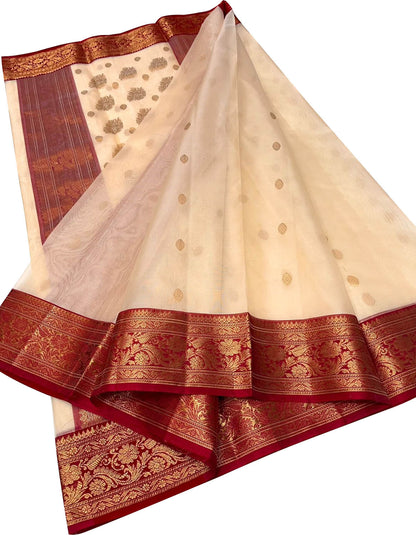 Off White Chanderi Handloom Katan Silk Booti Design Saree - Luxurion World