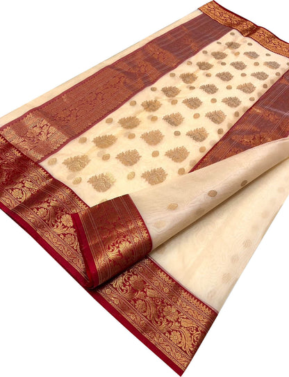 Off White Chanderi Handloom Katan Silk Booti Design Saree - Luxurion World