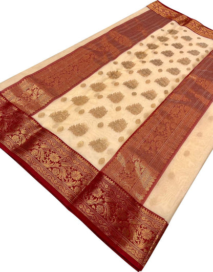 Off White Chanderi Handloom Katan Silk Booti Design Saree - Luxurion World