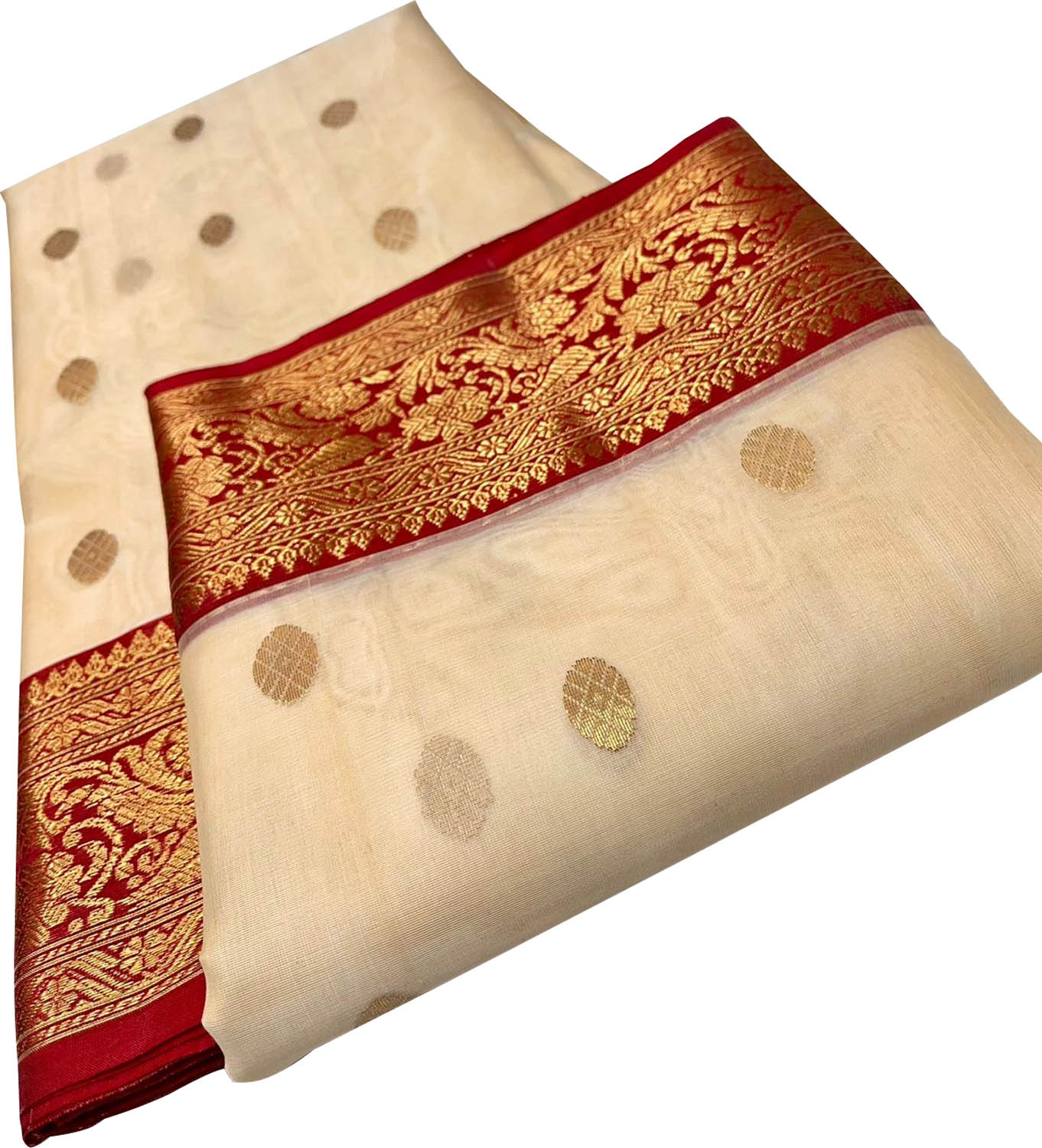 Off White Chanderi Handloom Katan Silk Booti Design Saree - Luxurion World