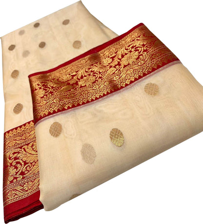 Off White Chanderi Handloom Katan Silk Booti Design Saree - Luxurion World