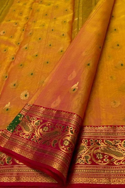 Orange And Yellow Shot Chanderi Handloom Katan Silk Saree - Luxurion World