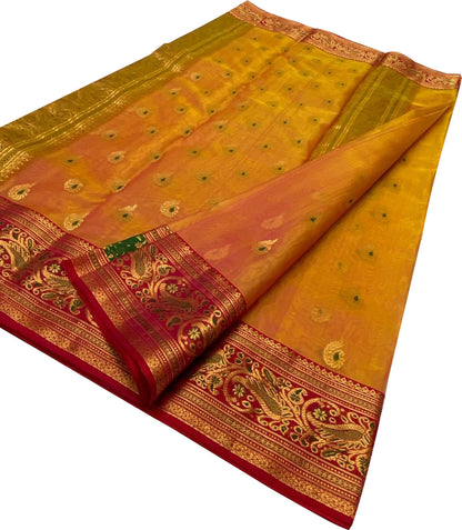 Orange And Yellow Shot Chanderi Handloom Katan Silk Saree - Luxurion World