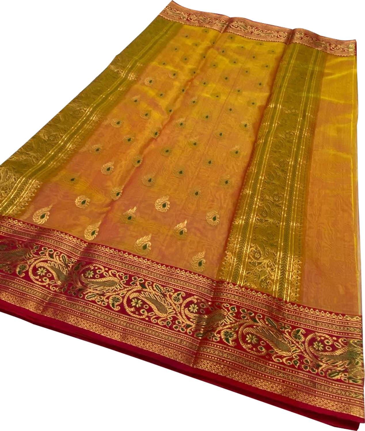 Orange And Yellow Shot Chanderi Handloom Katan Silk Saree - Luxurion World