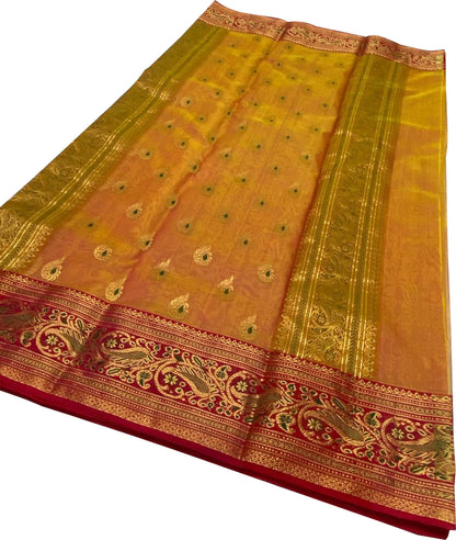 Orange And Yellow Shot Chanderi Handloom Katan Silk Saree - Luxurion World