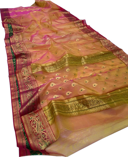 Orange And Yellow Shot Chanderi Handloom Katan Silk Saree - Luxurion World