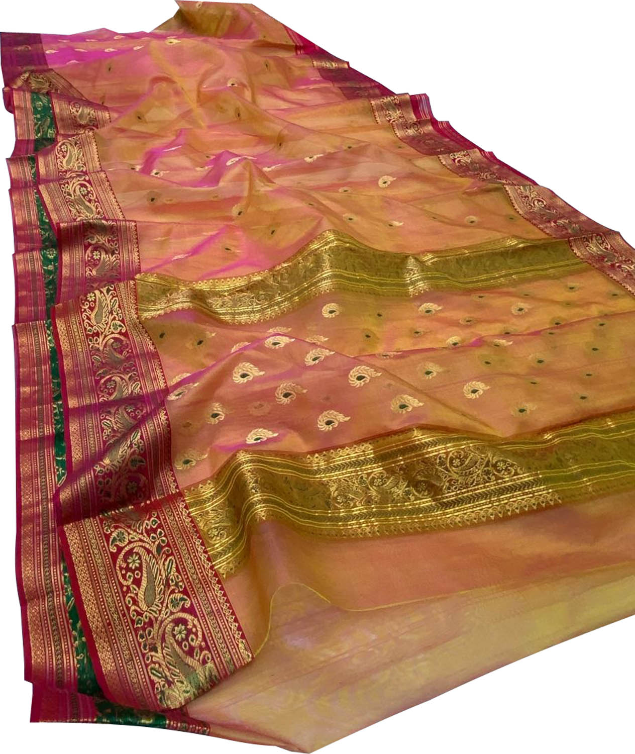 Orange And Yellow Shot Chanderi Handloom Katan Silk Saree - Luxurion World