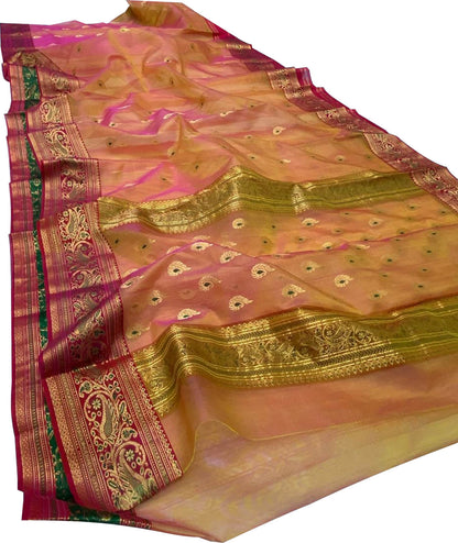 Orange And Yellow Shot Chanderi Handloom Katan Silk Saree - Luxurion World
