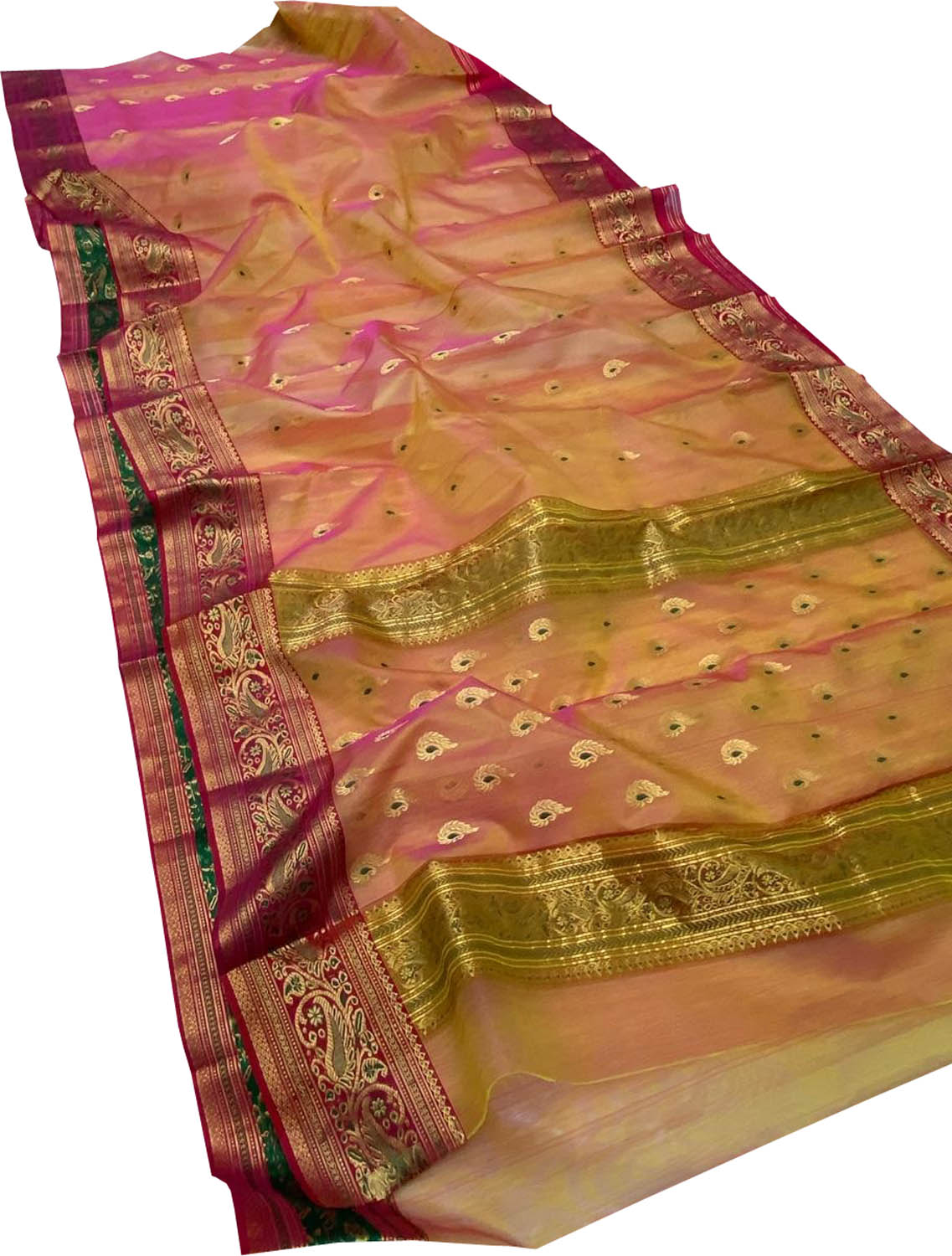 Orange And Yellow Shot Chanderi Handloom Katan Silk Saree - Luxurion World