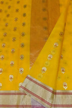 Yellow Chanderi Handloom Katan Silk Flower Design Saree - Luxurion World