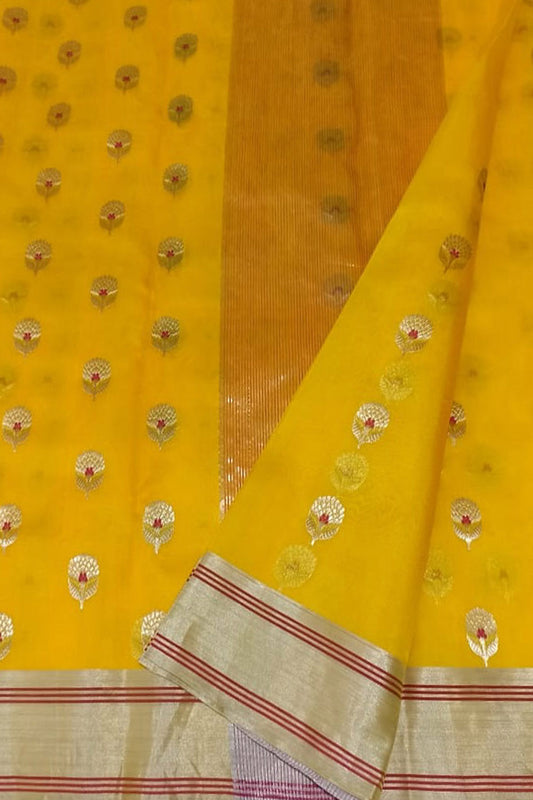 Yellow Chanderi Handloom Katan Silk Flower Design Saree - Luxurion World