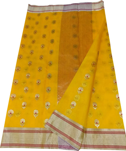 Yellow Chanderi Handloom Katan Silk Flower Design Saree - Luxurion World