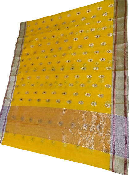 Yellow Chanderi Handloom Katan Silk Flower Design Saree - Luxurion World