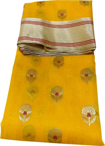 Yellow Chanderi Handloom Katan Silk Flower Design Saree - Luxurion World