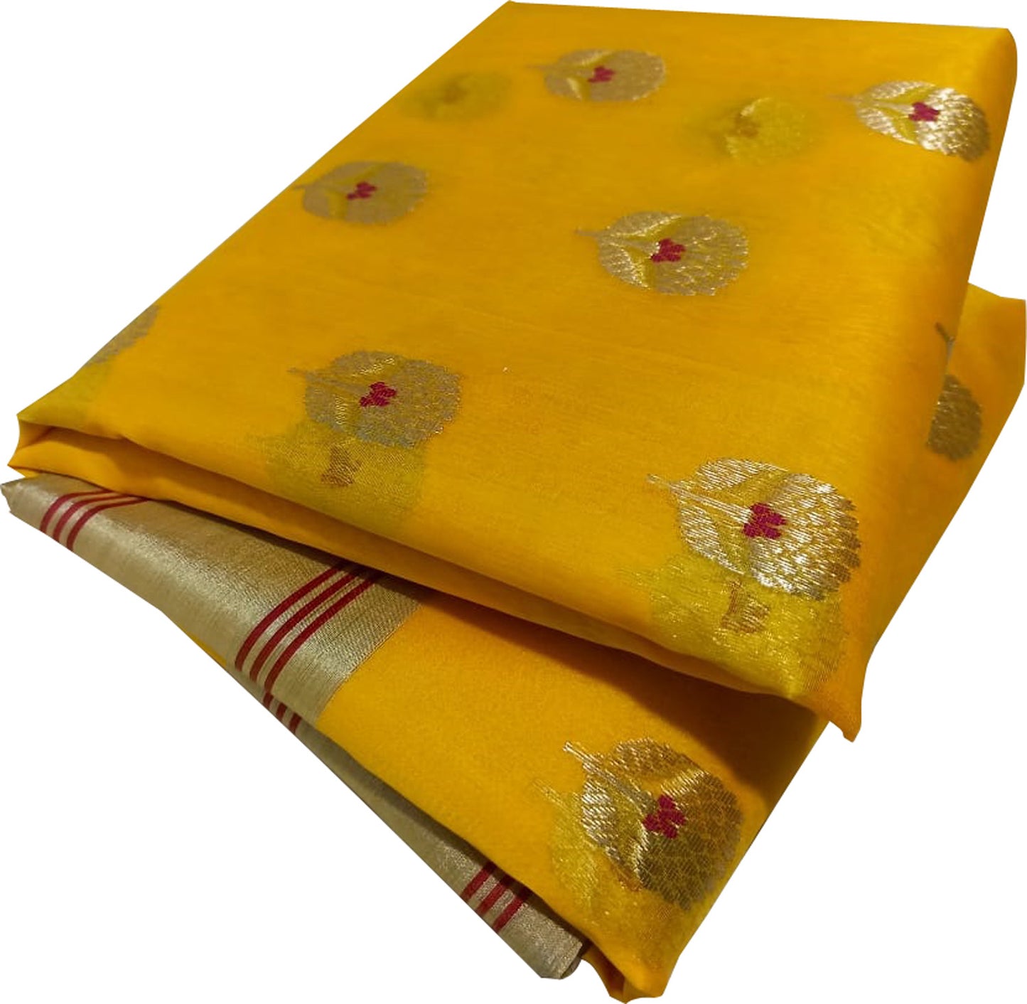 Yellow Chanderi Handloom Katan Silk Flower Design Saree - Luxurion World