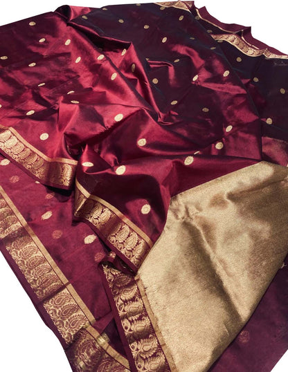 Exquisite Maroon Chanderi Handloom Pure Silk Booti Design Saree - Luxurion World
