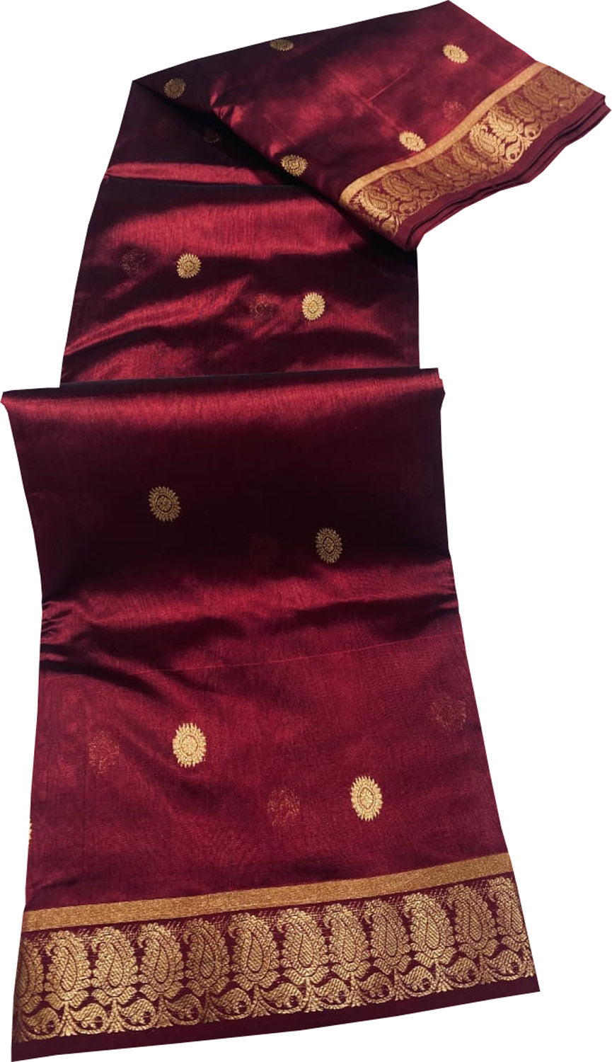 Exquisite Maroon Chanderi Handloom Pure Silk Booti Design Saree - Luxurion World