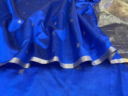 Blue Chanderi Handloom Pure Silk Booti Design Saree - Luxurion World