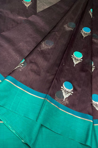 Brown Chanderi Handloom Pure Silk Flower Design Saree - Luxurion World