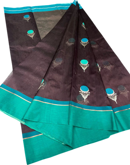 Brown Chanderi Handloom Pure Silk Flower Design Saree - Luxurion World