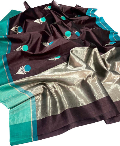 Brown Chanderi Handloom Pure Silk Flower Design Saree - Luxurion World