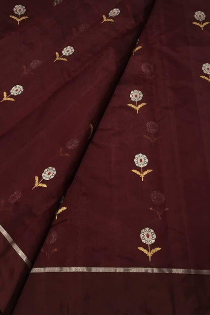 Maroon Chanderi Handloom Pure Silk Flower Design Saree - Luxurion World