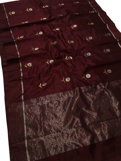 Maroon Chanderi Handloom Pure Silk Flower Design Saree - Luxurion World
