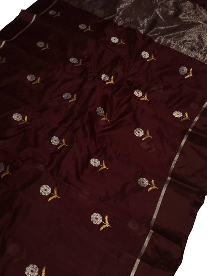 Maroon Chanderi Handloom Pure Silk Flower Design Saree - Luxurion World