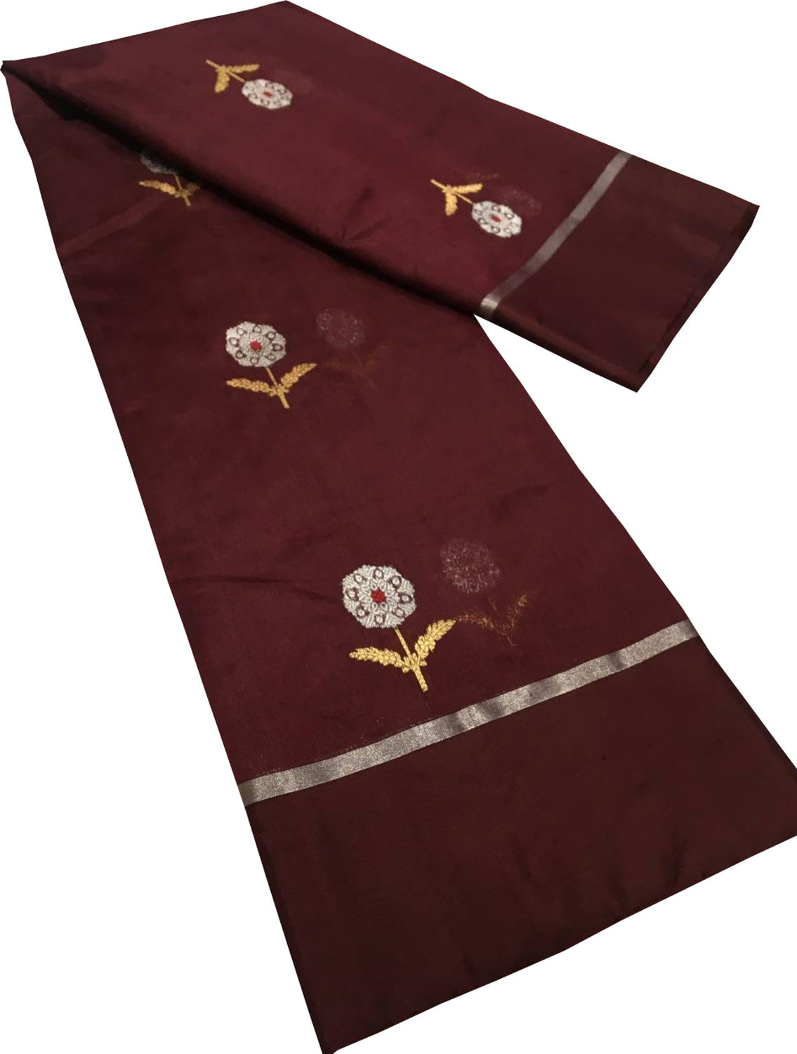Maroon Chanderi Handloom Pure Silk Flower Design Saree - Luxurion World