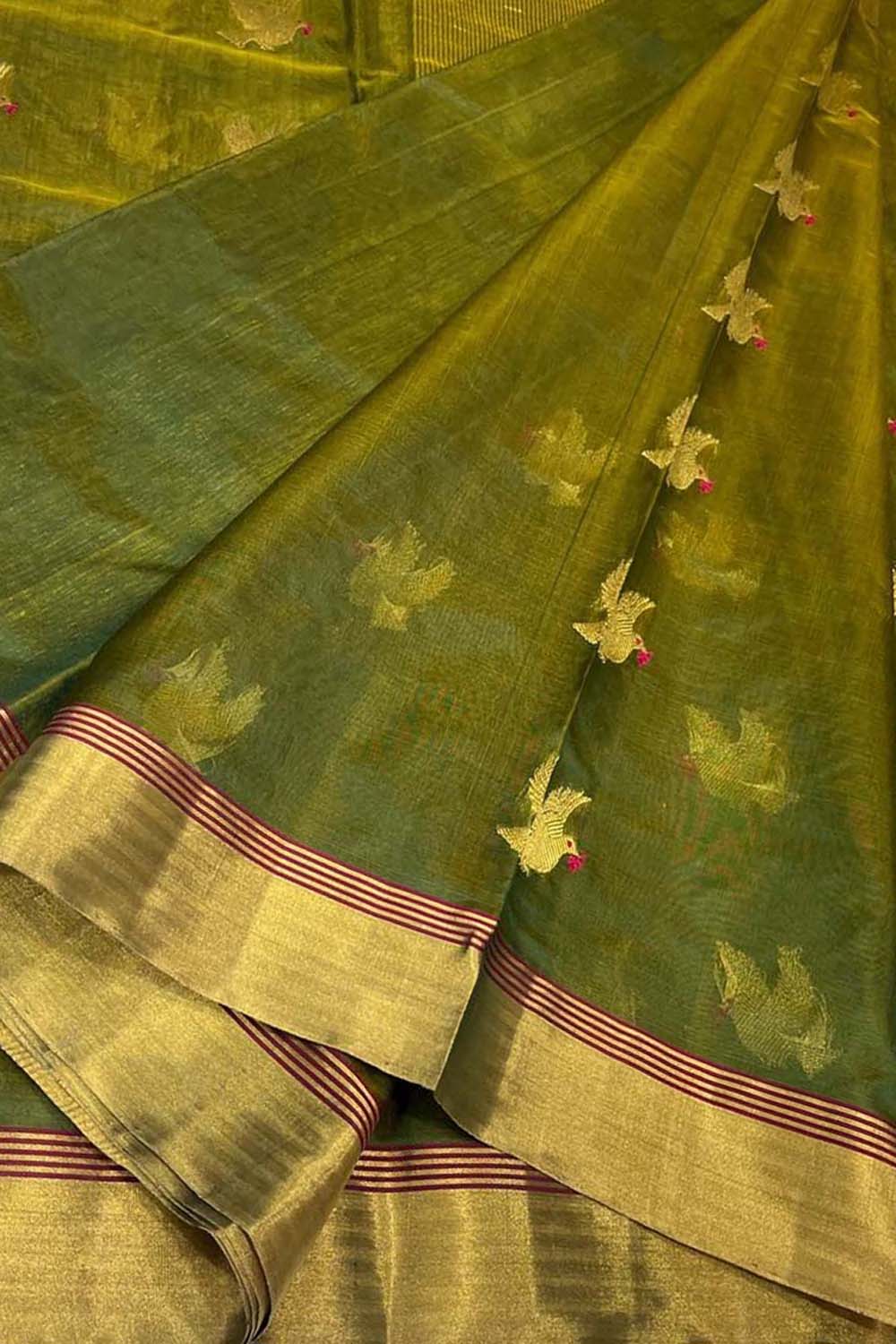 Green Chanderi Handloom Pure Silk Bird Design Saree - Luxurion World