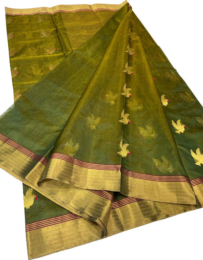 Green Chanderi Handloom Pure Silk Bird Design Saree - Luxurion World
