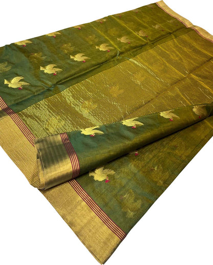 Green Chanderi Handloom Pure Silk Bird Design Saree - Luxurion World