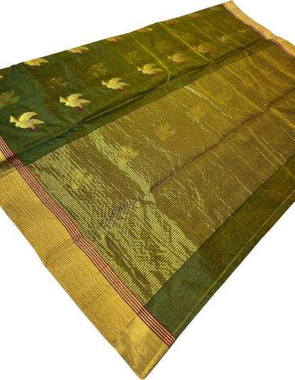Green Chanderi Handloom Pure Silk Bird Design Saree - Luxurion World