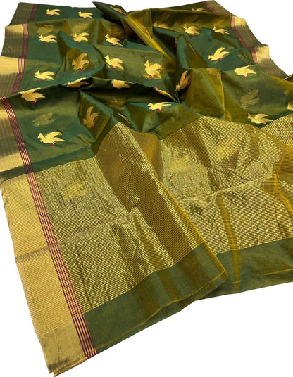 Green Chanderi Handloom Pure Silk Bird Design Saree - Luxurion World