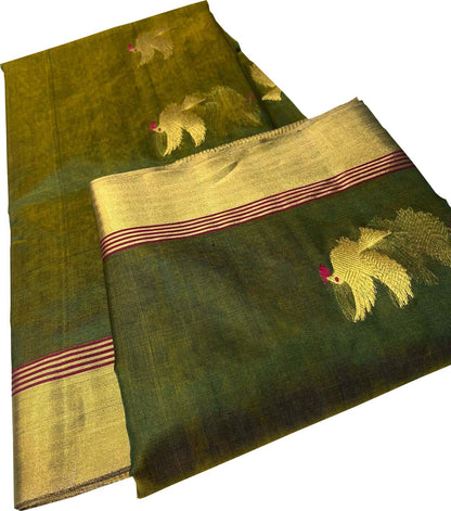 Green Chanderi Handloom Pure Silk Bird Design Saree - Luxurion World