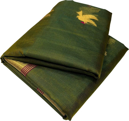 Green Chanderi Handloom Pure Silk Bird Design Saree - Luxurion World