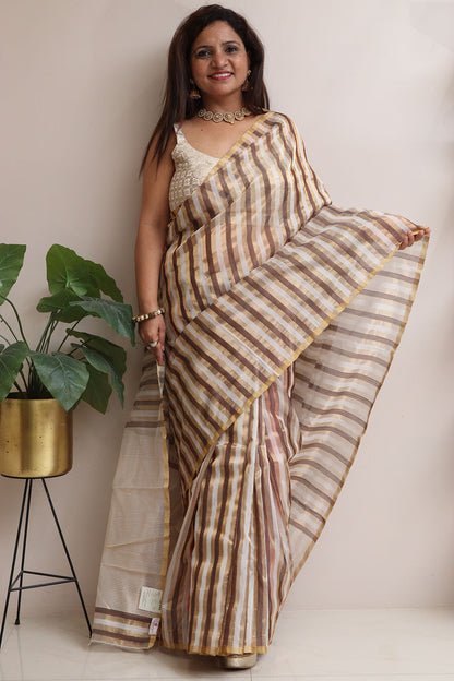 Golden Chanderi Handloom Pure Cotton Silk Stripes Design Saree - Luxurion World