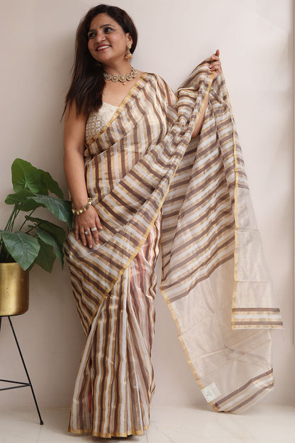 Golden Chanderi Handloom Pure Cotton Silk Stripes Design Saree - Luxurion World