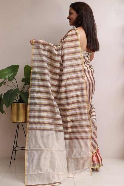Golden Chanderi Handloom Pure Cotton Silk Stripes Design Saree - Luxurion World
